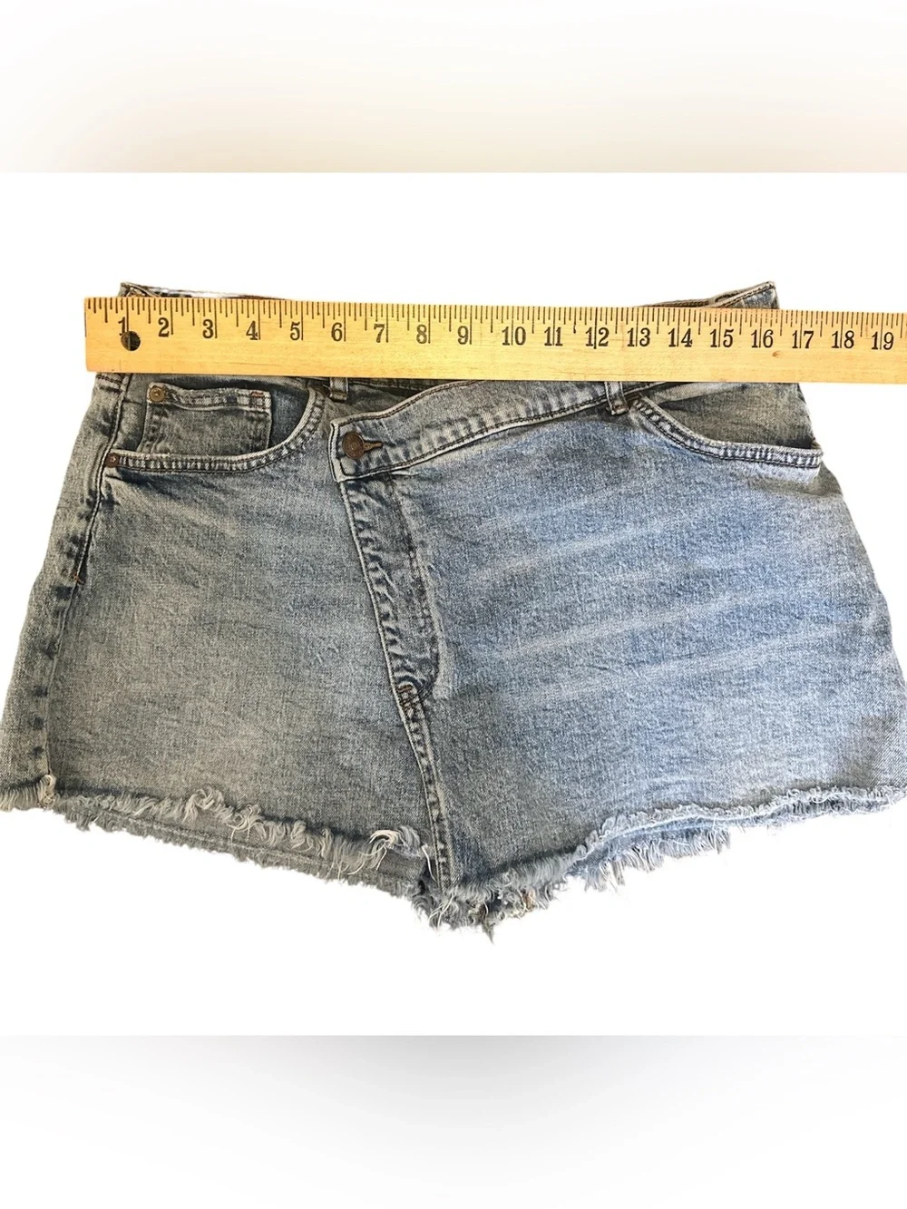 Anthropologie 31 Blue Denim Skort Asymmetric Mini Frayed Raw Hem Pockets Pilcro